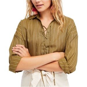 BOGO! Free People Under the Boardwalk Linen Cotton Lace Up Blouse Green Small